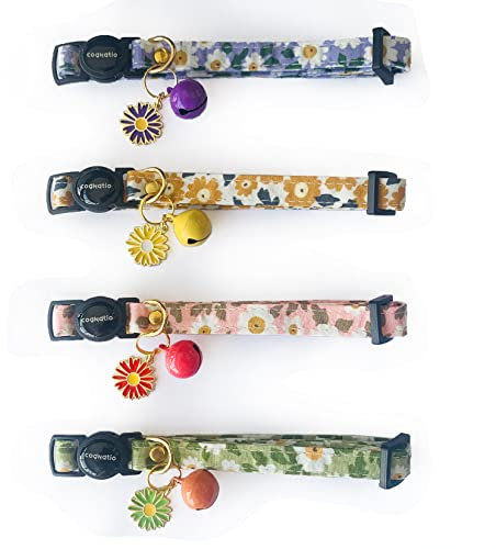 Cognatio Katzenhalsbänder mit Schnellverschluss, florales Muster, Kätzchenhalsbänder mit abnehmbarer Glocke, verstellbar 20-30 cm, 4 Stück (Lila+Orange+Rosa+Grün)