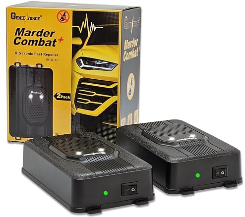 2 x Genieforce® Marder Combat+ Marderschutz, Marderschreck Ultraschall, Marderabwehr, Mäuseabwehr für Autos, Haus, und Garten, Anschluss an 12V Autobatterie, USB oder Batteriebetrieb - GF-JC-77