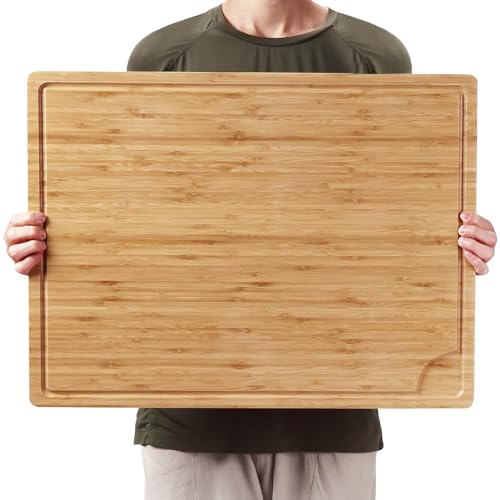 Tabla de cortar de bambú de 24 x 18 pulgadas con mango y ranura para jugo, para carne, verduras, barbacoa