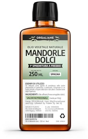 Mandorle Dolci Naturale 250 ml - Olio vegetale - ORGALIANE - Naturale, Puro e Spremuto a Freddo