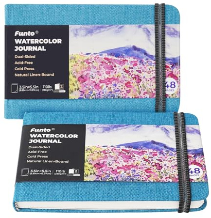 Funto Akvarelljournal 2-pack, 3,5x5,5 tum, blått tygomslag, syrafritt papper av träfiber, lämplig för alla åldrar, perfekt för resor