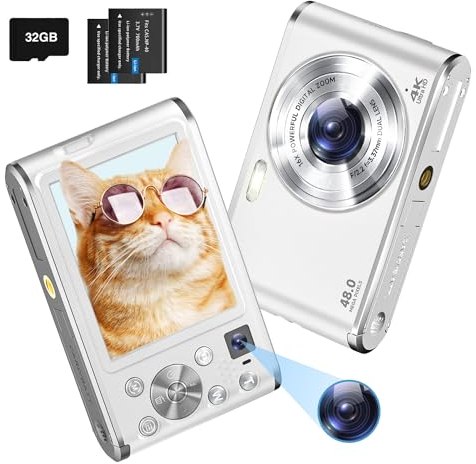Digitalkamera 4K mit 32 GB TF-Karte 48MP AutoFocus Fotoapparat Digital Kompaktkamera 16X Digitalzoom Einfache Vlogging Kamera Tragbare Kompakt Digitalkamera für Einsteiger (Weiß)