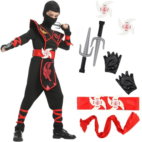 XCMVCN Costume Ninja per Bambini, Set di Accessori da 14 Pezzi Costume Ninja per Ragazzi e Ragazze, Set di Costumi Cosplay Ninja per Halloween e Carnevale (Nero, XL)