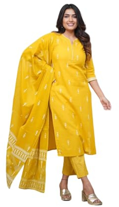 FABNEX Ensemble Kurta pour femme | Ensemble pantalon Kurta pour femme | Ensemble Kurti avec pantalon et Dupatta (K-94-95), Jaune, S