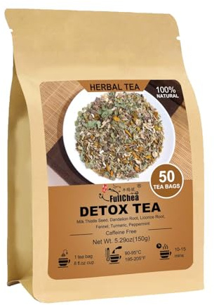 FullChea - Detox Tea Bags, 50 Teabags Liver Detox Tea, With Milk Thistle Seed, Dandelion Root, Licorice Root, Fennel, Turmeric, Peppermint - Liver Cleansing and Support