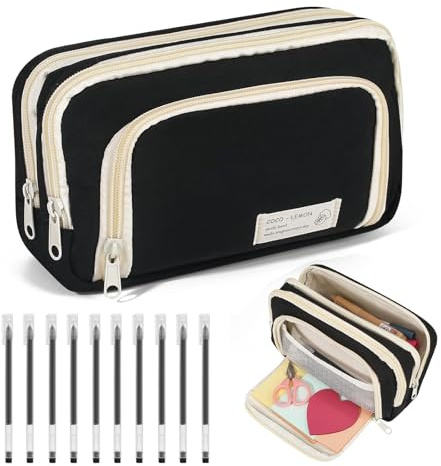 Federmäppchen 3 Fächer, Große Kapazität Mäppchen Federtasche Stiftetasche Bleistifttasche Schreibwaren Federtasche Federmappe Schwarz mit 10 Stiften, für Kinder, Jungen, Mädchen, Studenten, Erwachsene