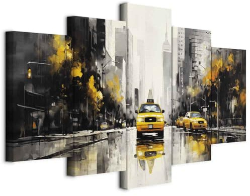 murando - Quadro Fonoassorbente Taxi Gialla In Città 100x50 cm 5 Pezzi - Canvas - Quadri Acustici Componibili XXL Grandi - Pannelli Fonoassorbenti Decorativi - Soggiorno d-H-10032-b-c