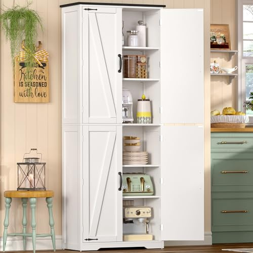 TEENFON 170 cm Credenza Cucina Alta, Mobile Cucina con 4 Ante, Mobile Dispensa con Ripiani Regolabili, per Sala da Pranzo e Soggiorno, Bianco, 30x60x170 cm