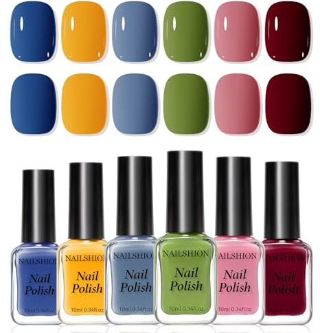 Nailshion Nail Polish Set Non Gel 6 Colors Burgundy Red Yellow Green Grey Quick Air Dry Nail Polish, No-Toxic, Hema-free, Rich in Castor Oil, Nail Lacquer Manicure Art DIY at Home Women