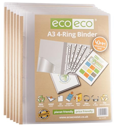 eco-eco Eco202x6 - Raccoglitore ad anelli per presentazioni, formato A3, 95% riciclato, 4-D, dorso da 40 mm, confezione da 6 cartelle