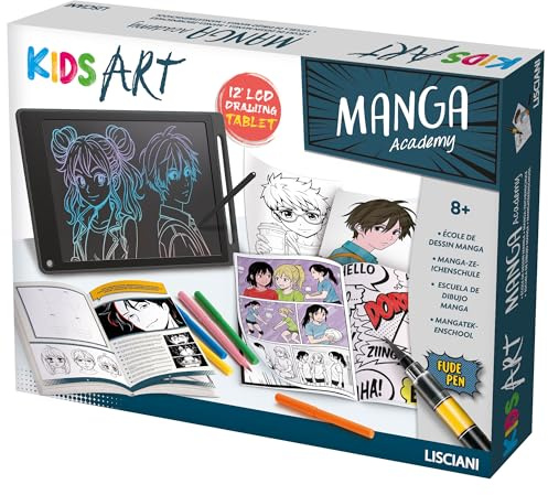 Lisciani - Kids Art Manga Academy - Kit Dessin Manga pour Enfants dès 8 Ans - Apprendre à Dessiner Personnages Manga et Histoires - Tablette Graphique LCD 12 Pouces Stylo Fude et Cartes de Dessin