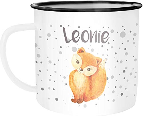 Emaille-Tasse mit Namen Fuchs Füchsin Motiv Emaille-Becher personalisierte Geschenke Frauen Namensbecher SpecialMe® weiß-schwarz Emailletasse