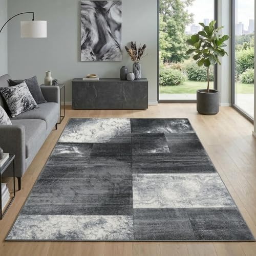 Carpetsale24 Teppich 200x290 cm Kurzflor Konturenschnitt in Grau Weiß Kariertes Design, Extra Weich, Pflegeleicht, Waschbar Für Wohnzimmer, Schlafzimmer, Esszimmer