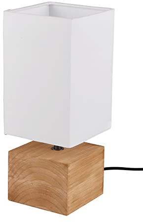 Reality Leuchten Tischleuchte Woody R50171030, Holz braun, Stoffschirm weiß, exkl. 1x E14