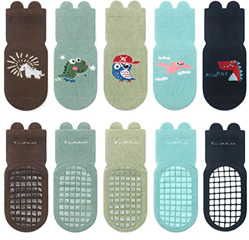 FedMois 5er Pack Baby Kleinkinder ABS rutschfeste Socken Sneaker Socken Tiermotive Baumwolle, Dinosaurier, 3-5 Jahre