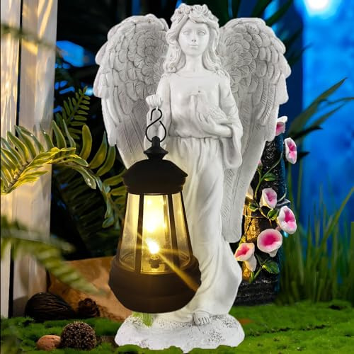 Solar Angel Garden Statue, Angel Figurine Outdoor Decor with Warm White Solar Lantern Garden Angel Figurine Outdoor Statue Waterproof Angel Sculpture Lawn Yard Art Patio Ornament Housewarming Gift