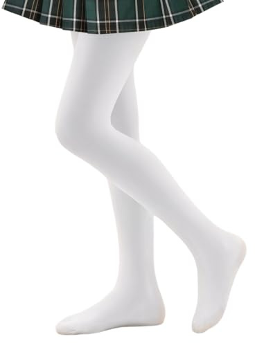 Smivibe Girls Tights Plain School Tights Kids Footed Ballet Dance Pantyhose Soft Microfiber White 6-8 Years