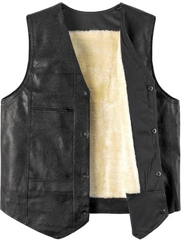 Harbrosrce PU-läder väst för män fleece fodrad motorcykel väst vintage retro läder gilet cyklist varm vardaglig v-ringad ärmlös jacka, B-khaki, S