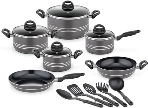 GSW Kochtopf Set Milano Grey, 15-teilig, Hochwertiges Topfset für Induktion, Ceran & Gas, Antihaftbeschichtung, Kochtöpfe mit Glasdeckel & Küchenhelfer, Töpfe & Pfannen