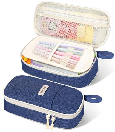 SUNEE Large Capacity Pencil Case with Compartments and Handle, Aesthetic Pen Pouch Organizer, Big Storage Portable Pencil Bag for Girls, Boys, Adults, School and Office Stationery Supplies, Navy Blue