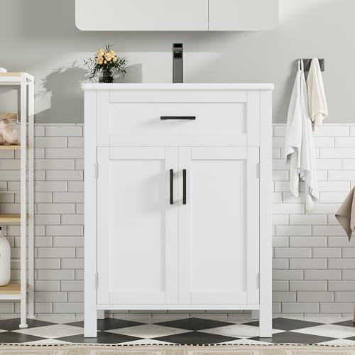 White Bathroom Vanity Unit with Washbasin - Fully Lacquered Double Door Shelves Practical Drawers Adjustable Shelves Integrated Ceramic Basin 60x46x85 cm Modern Design