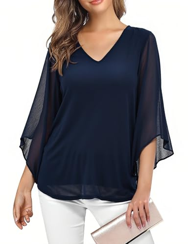 Enmain Camicia Blu Navy Donna Elegante Volant Scollo a V 3/4 Manica Blusa Abbigliamento Donna Curvy Fiori Leggero Casual Estiva Primaverile Top XL