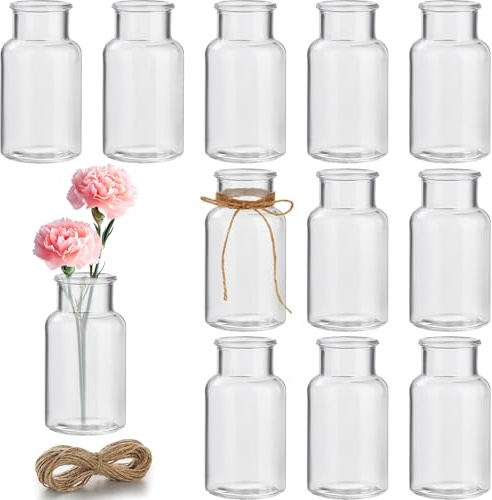 12 Piezas Jarrones Cristal 125ml con Cuerda Yute 5M, Botellas para Flores Pequeñas Transparentes, Jarrón Decoración Mesa Mini, Floreros Decorativos Modernos para Hogar, Boda, Jardín, Cumpleaños Fiesta