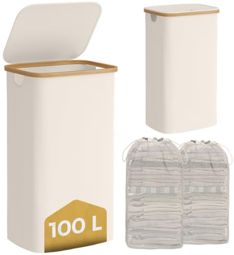Bellamio Tolt Wäschekorb 2 Fächer beige – Wäschesammler 100 L mit Deckel – Wäschesammelbox aus Oxford-Gewebe mit Bambusring – Schmutzwäschebehälter mit herausnehmbarem Wäschesack – Wäschetonne hoch