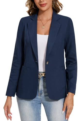 Blazer for Women Cotton Linen Long Sleeve Jacket Notch Collar Coat Navy XL
