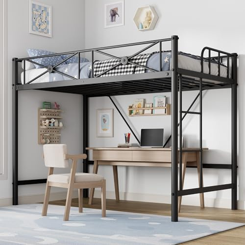 GarveeHome Twin Loft Bed Frame, Heavy Duty Metal with 400 Lbs Weight Capacity, Space-Saving & Noise-Free Design, Industrial Loft Bed for Kids, Teens, Adults, Black