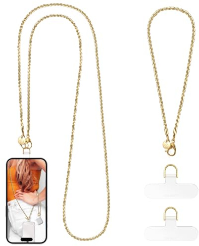 UKON Phone Lanyard Set, Crossbody & Wrist Strap, Metal Phone Chain Neck Strap for Women, Anti-Theft, Lightweight Detachable Chain for iPhone & Samsung (Golden, Extended)