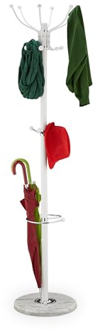Relaxdays Coat Rack, with Marble Base, 16 Hooks & Umbrella Storage, Stable Hallway Storage, HxØ: 176.5 x 36.5 cm, White