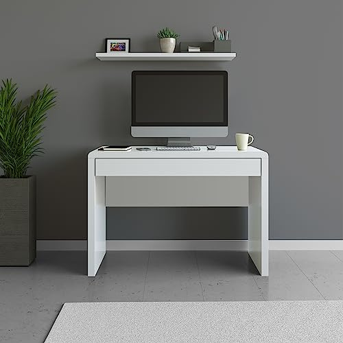 RBUK Nautilus Designs Nordic Computer Desk with Drawer, High Gloss White Workstation, Home Office PC/Laptop Table, Gaming Desk, Stylish Study Table, Modern Computer Desk, 110x59x76cm (White)