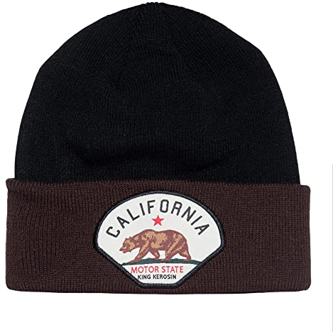 King Kerosin Herren Strickmütze Frontpatch Bequem Beanie Wintermütze Stretch Warm California Motor State
