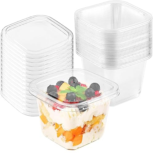 LATERN 50 Piezas Tazas de Postre de Plástico con Tapas, 360ml Tazas Cuadradas, Copa de Aperitivo de Parfait Transparente, Cuenco para Servir Reutilizable para Fiesta de Mousse Pudín