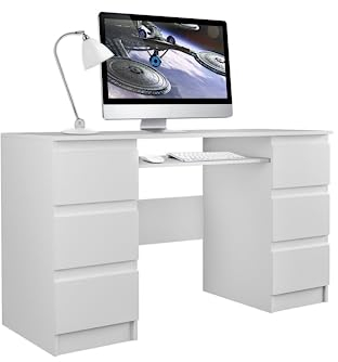 VBChome Schreibtisch 130 x 51 x 76 cm Weiß Matt - Moderner Arbeits- und Lernplatz mit 6 Schubladen für Homeoffice oder Wohnzimmer