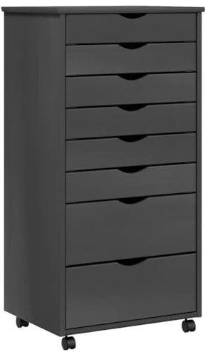 vidaXL Rollschrank, Rollcontainer mit 8 Schubladen, Kommode Schubladenschrank mit Rollen, Büroschrank Aktenschrank Rollwagen, Grau Massivholz Kiefer