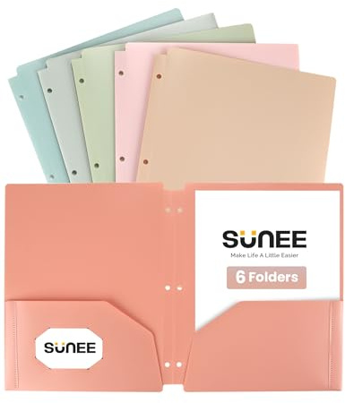 SUNEE 3 Hole Folders with Pockets (6 Pack, Vintage Colors) Plastic Folders for 3 Ring Binder, Heavy Duty Binder Folder for Document for School, Students, Teachers, Office Staf