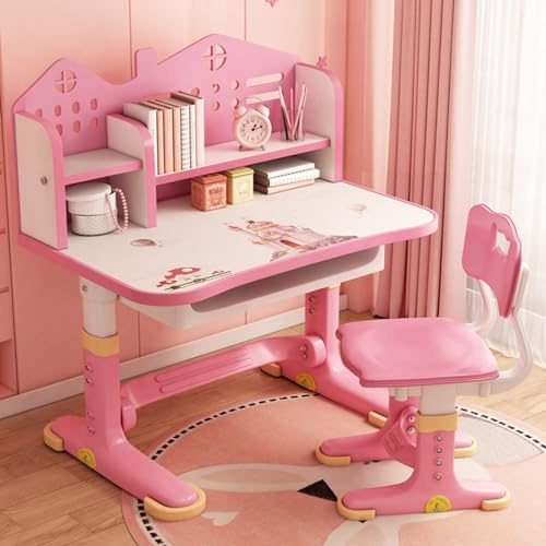 ZTGD Kids Adjustable Study Desk & Chair Set w/Storage,Drawers,Bookshelf,Child Toddler Writing Homework Table,Little Girl Work Computer Desk,Princess Preschool Desk,Escritorio Mesas para Niña (Pink A)
