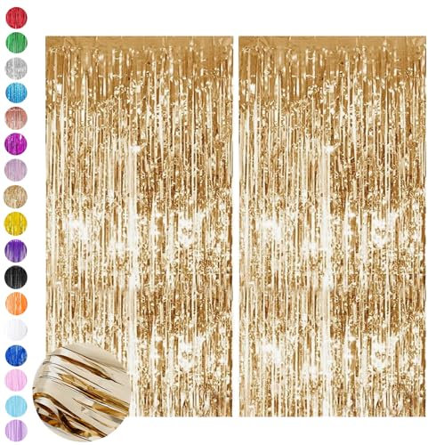 Champagne Gold Tinsel Curtain Party Backdrop,2pcs 3.2ft x 6.5ft Foil Curtain Decorations,Foil Fringe Streamers Metallic Tinsel Door Hanging Foil Flow Silk Streamers for Birthday Wedding Holiday Party