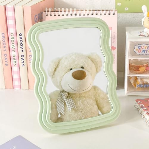 Hosoncovy Specchio da scrivania con supporto, cornice ondulata, specchio per trucco, specchio cosmetico, specchio decorativo per camera da letto e bagno (verde)