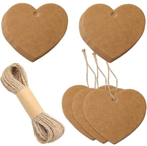 SURALIN Confezione da 100 Etichette in Carta Kraft, Bigliettini Bomboniere Forma di Cuore Cartoncini per Bomboniere di San Valentino, Etichette Regalo con Spago