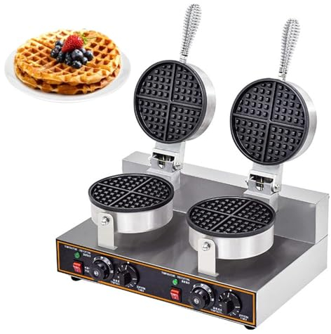 Máquina for hacer gofres comercial de 2400 W, máquina profesional for hacer gofres con doble cabezal, máquina for hacer gofres belgas eléctrica redonda antiadherente for restaurante, hotel, fiesta, pu