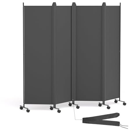 HIDODO 4 Panel Room Divider Folding Privacy Screen, Freestanding Room Partition with Lockable Wheels, Portable Wall Divider for Room Separation, 224 x 178cm, Grey