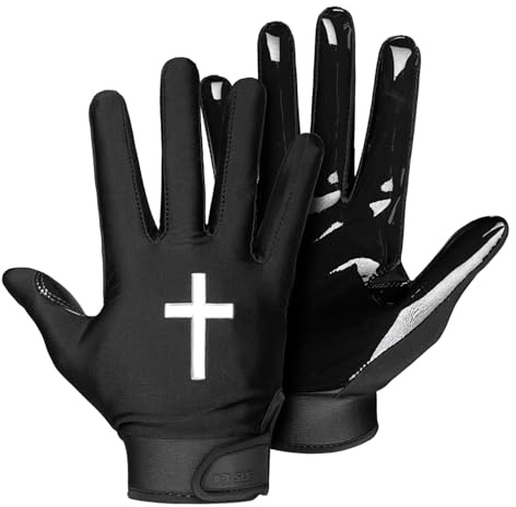 SLEEFS Youth Football Gloves for Men and Women, Faith Cross Black Sticky Receiver Flag Football Gloves for Youth, Adult Men or Women, Stretch Fit, No Slip, Perfect Grip, Machine Washable, Medium
