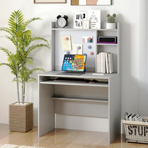 CASART Computer Desk, Modern Home Office Desk PC Laptop Table with Hutch, Magnetic Bulletin Board, Keyboard Tray & Adjustable Shelf, Wooden Writing Workstation for Study Bedroom Office (Grey)