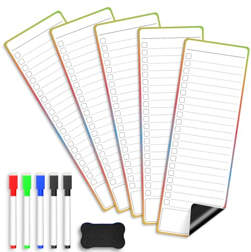 ANLIOTE Lot de 5 Tableaux de Liste Magnétiques pour Frigo 30 x 10 cm | Surface Effaçable à Sec - Inclus 5 Feutres de Couleur et 1 Éponge - Idéal pour l'Organisation et le Bureau - Bord Coloré