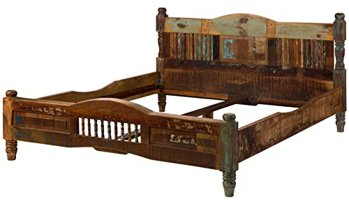 MASSIVMOEBEL24.DE Bett 180x200 Fable aus Altholz, Holzbett Vintage aus Massivholz, Doppelbett mit hohem Kopfteil