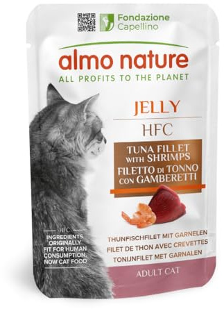 Almo Nature HFC Jelly - Alimento Umido per Gatti Adulti - Filetto di Tonno con Gamberetti - Human-Grade, Gluten-Free - 55g (Confezione da 24)