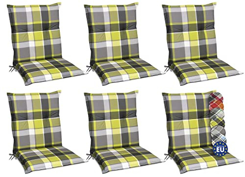 Beautissu 6er Set Sunny GR Niedriglehner Auflagen Set für Gartenstühle 100x50 cm Polster in Grün Kariert - Bequeme Gartenstuhl Stuhlkissen Polsterauflagen mit UV-Lichtecht